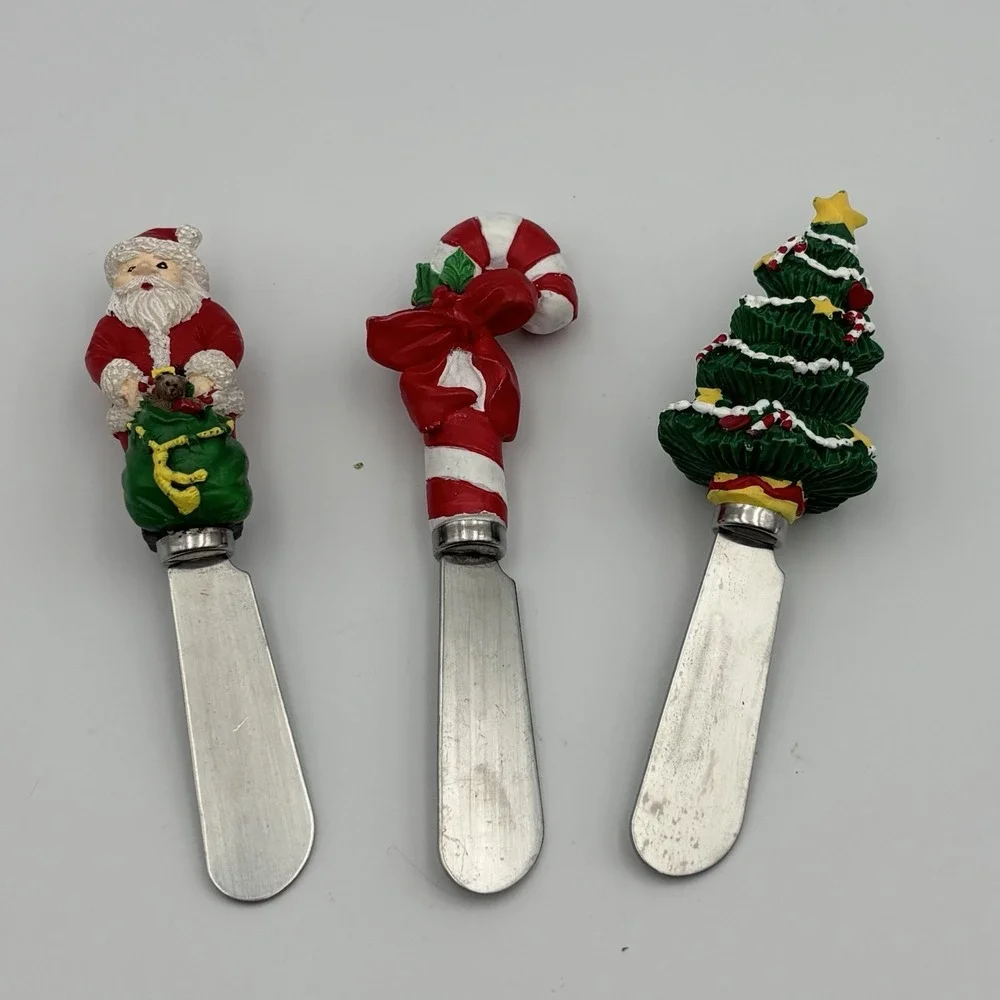 Boston Warehouse Christmas 3pc Cheese Spreaders Knives Santa  Tree Stainless‎